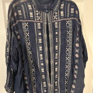 Johnny Was Kiki Cupra Embroidered Dark Navy Button Down Top Medium
